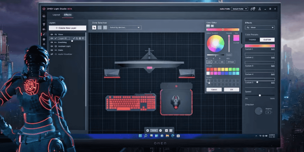 HP OMEN Gaming Hub main dashboard showing performance metrics and customisation options